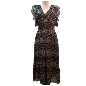 Joie Pheobe Women's Metallic Silk Smocked Midi Dress Caviar Black Size Small NWT